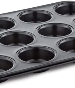 Tower T943006HG7 27cm Deep Muffin Tin with 12 Moulds Made in Aluminized Steel with a Non-Stick Coating, Black