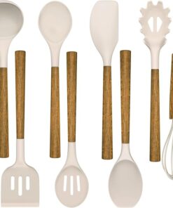 Cooking Utensils Set, 8 PCS Kitchen Utensil Set with Wooden Handle, Silicone Kitchen Utensil Accessories, Non-Sticky, Heat Resistant, Easy Cleaning Utensil Set (Khaki)